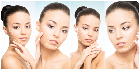 Beautiful face of young and healthy girl in collage collection. Plastic surgery, skin care, cosmetics and face lifting concept.の写真素材