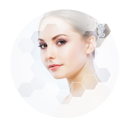Beautiful face of young and healthy girl.  Plastic surgery, skin care, cosmetics and face lifting concept.の写真素材
