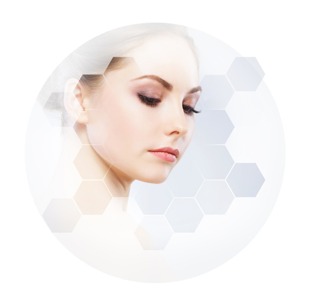 Beautiful face of young and healthy girl.  Plastic surgery, skin care, cosmetics and face lifting concept.の写真素材