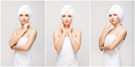 Set with young and beautiful girls relaxing in spa. Woman in massaging salon. Traditional oriental therapy and massaging treatments. Health and medicine concept.の写真素材
