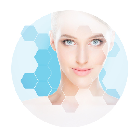 Beautiful face of young and healthy woman. Plastic surgery, skin care, cosmetics and face lifting concept.の写真素材