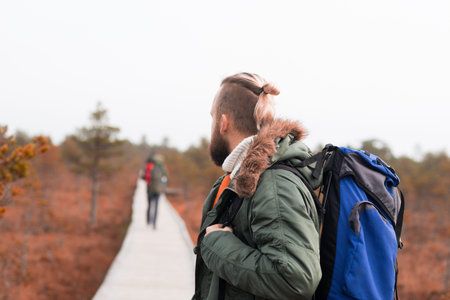 Hiking in forest. Camp, adventure, traveling concept.