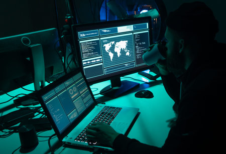Wanted hackers coding virus ransomware using laptops and computers. Cyber attack, system breaking...