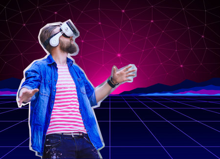 Man in vr headset, Virtual reality simulation concept.