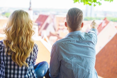 Young loving couple traveling to Tallinn. Love, relations and tourism concept.の写真素材