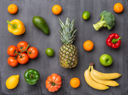 Healthy eating ingredients: fresh vegetables, fruits and superfood. Nutrition, diet, vegan food conceptの写真素材
