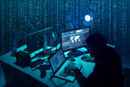 Wanted hackers coding virus ransomware using laptops and computers. Cyber attack, system breaking...