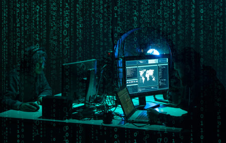 Wanted hackers coding virus ransomware using laptops and computers. Cyber attack, system breaking...