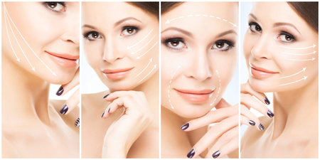 Human face in a collage. Young and healthy woman in plastic surgery, medicine, spa and face lifting...
