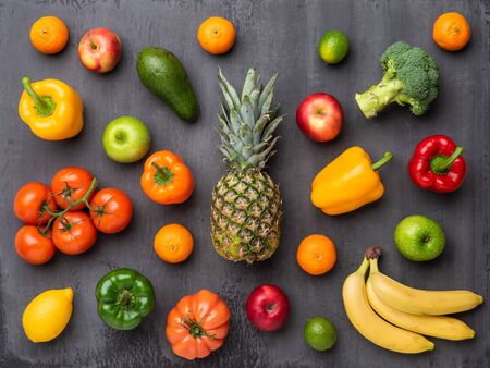 Healthy eating ingredients: fresh vegetables, fruits and superfood. Nutrition, diet, vegan food conceptの写真素材