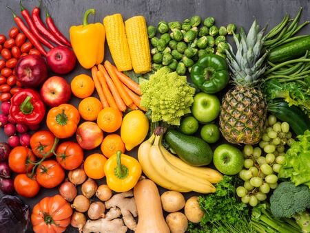 Healthy eating ingredients: fresh vegetables, fruits and superfood. Nutrition, diet, vegan food conceptの写真素材