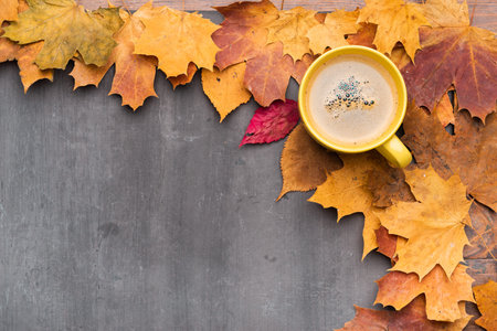 Seasonal autumn background. Frame of colorful maple leaves.