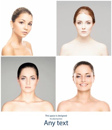 Beautiful, pure and healthy female faces. Portrait of young women in collage. Lifting, skincare, plastic surgery and make-up concept.の写真素材