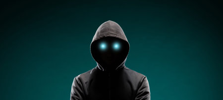 Portrait of computer hacker in hoodie. Obscured dark face. Data thief, internet fraud, darknet and...