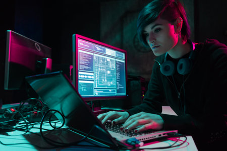 Hackers breaking server using multiple computers and infected virus ransomware. Cybercrime,...