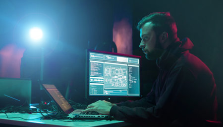 Internet fraud, darknet, data thiefs, cybercrime. Hacker attack on government server. Dangerous...