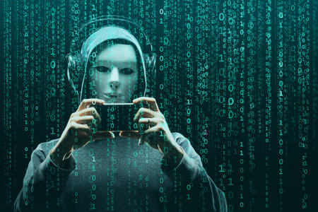 Computer hacker in mask and hoodie over abstract binary background. Obscured dark face. Data thief,...