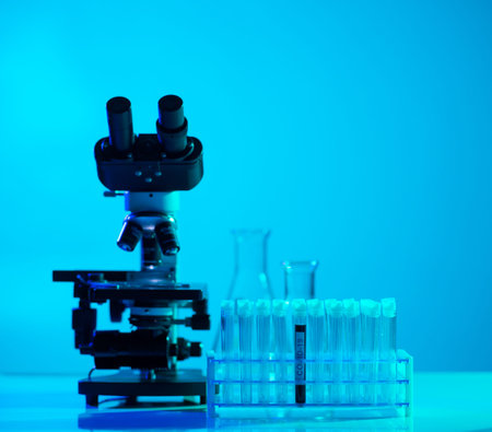 Close-up of scientific laboratory in hospital. Epidemic disease, healthcare, vaccine research and...