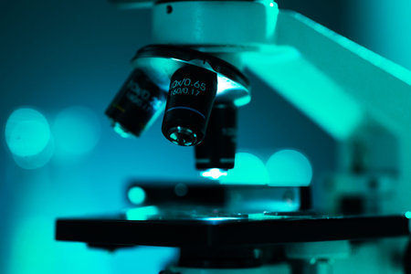 Close-up of scientific microscope. Laboratory in hospital. Epidemic disease, healthcare, vaccine...