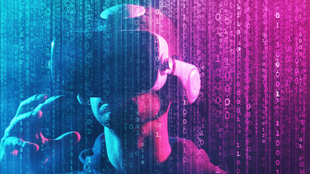 Portrait of a man in virtual reality helmet over abstract digital background. Obscured dark face in...