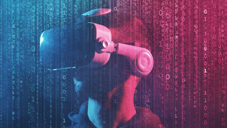 Portrait of a man in virtual reality helmet over abstract digital background. Obscured dark face in...