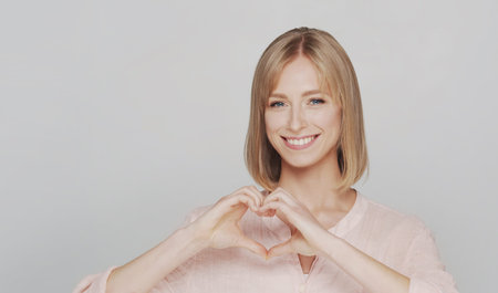 Studio portrait of happy and expressive young blond woman.