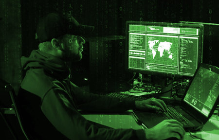 Hackers making cryptocurrency fraud using virus software and computer interface. Blockchain...
