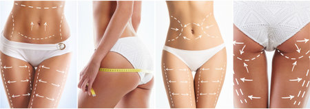 Fit and beautiful body of young woman in white swimsuit. Collection of different images.の写真素材