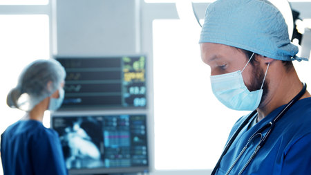 Professional medical doctors working in emergency medicine. Portrait of the surgeon and the nurse in...