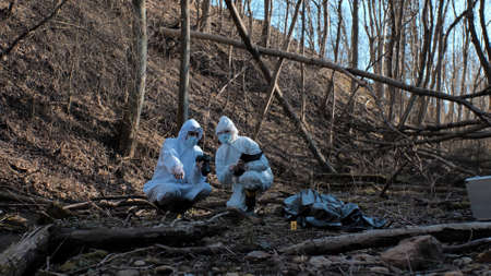 Detectives are collecting evidence in a crime scene. Forensic specialists are making expertise. Police investigation in a forest.の写真素材