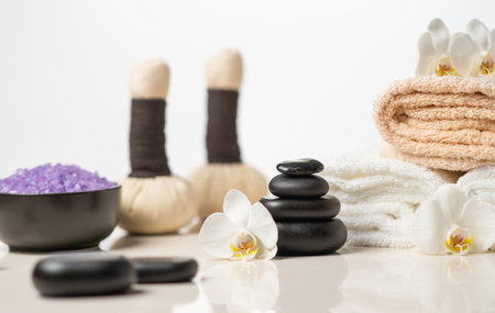 Spa background composition. Massage, oriental therapy, wellbeing and meditation concept.の写真素材