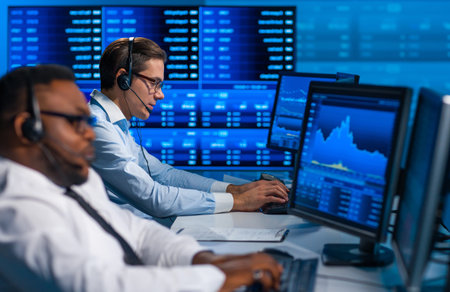 Team of brokers is working in office using workstation and analysis technology. Workplace of...