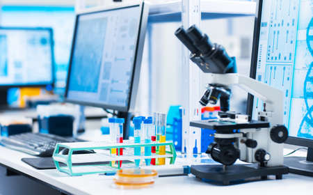 Interior of modern scientific research laboratory. Genetic engineer workplace. Future technology and science.の写真素材
