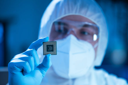 Microelectronics engineer works in a modern scientific laboratory on computing systems and...