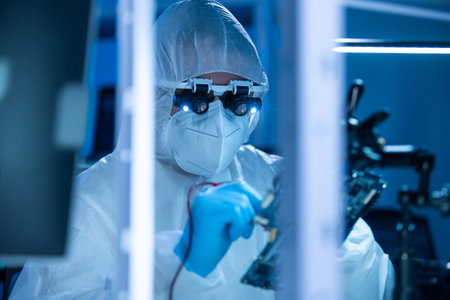 Microelectronics engineer works in a modern scientific laboratory on computing systems and...