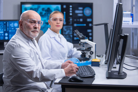 Professor and his young and professional laboratory assistant are doing scientific experiment in a...