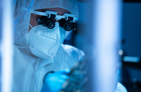 Microelectronics engineer works in a modern scientific laboratory on computing systems and...