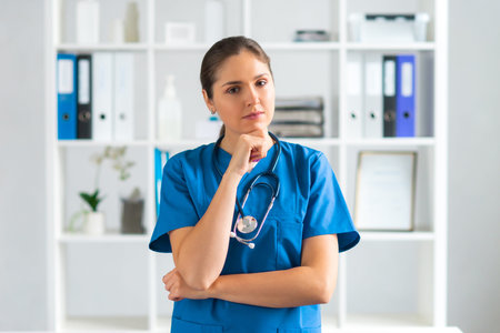 Professional medical doctor working in hospital office, Portrait of young and attractive female...