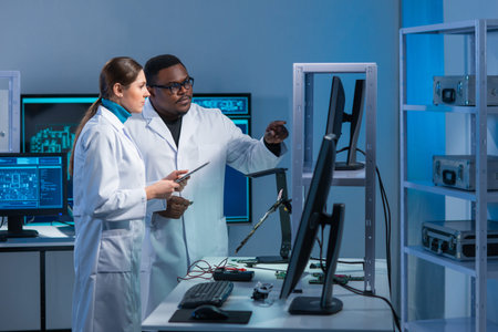 Diverse team of microelectronic engineers discuss current developments in a science lab. Workplace...