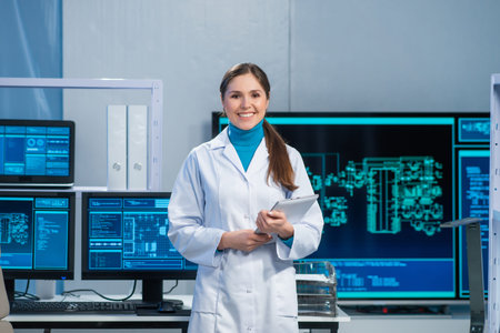Female microelectronics engineer works in a scientific laboratory on computing systems and...