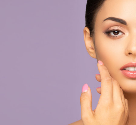 Close-up beauty portrait of young and beautiful Asian woman. Skincare, makeup and cosmetology.
