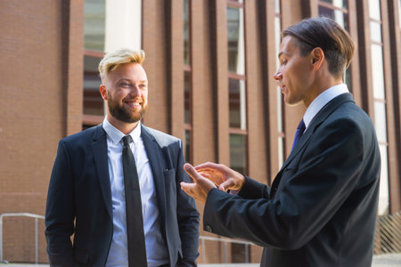 Confident businessman and his colleague in front of modern office building. Financial investors are...