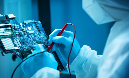 The scientist works in a modern scientific laboratory for the research and development of microelectronics and processors. Microprocessor manufacturing worker uses computer technology and equipment.の写真素材