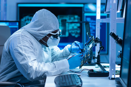 African-American scientist works in a modern scientific laboratory for the research and development...