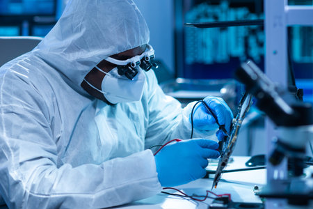 African-American scientist works in a modern scientific laboratory for the research and development...
