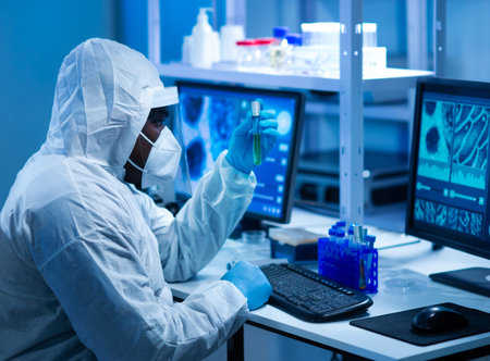 African-american scientist works in a scientific lab using laboratory equipment, microscope and...