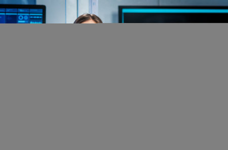 Workplace of young woman in modern microelectronics manufacturing lab. Engineer works in a modern scientific laboratory on computing systems and microprocessors.の写真素材