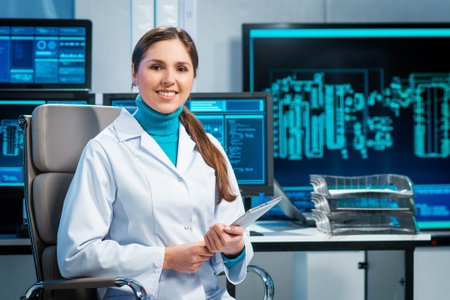 Workplace of young woman in modern microelectronics manufacturing lab. Engineer works in a modern...