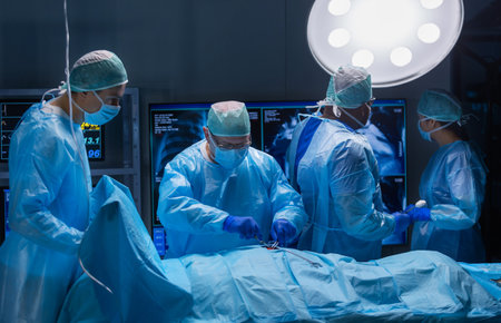 Multiracial team of professional medical surgeons performs the surgical operation in a modern hospital. Doctors are working to save the patient. Medicine, health, cardiology and transplantation.の写真素材
