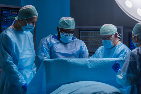 Multiracial team of professional medical surgeons performs the surgical operation in a modern...